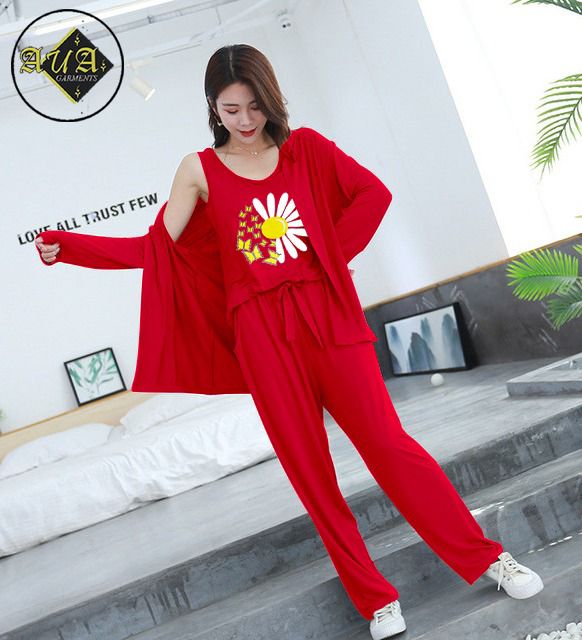 3 Piece Lounge wear Nightwear Sleepwear For Women Sunflower Print