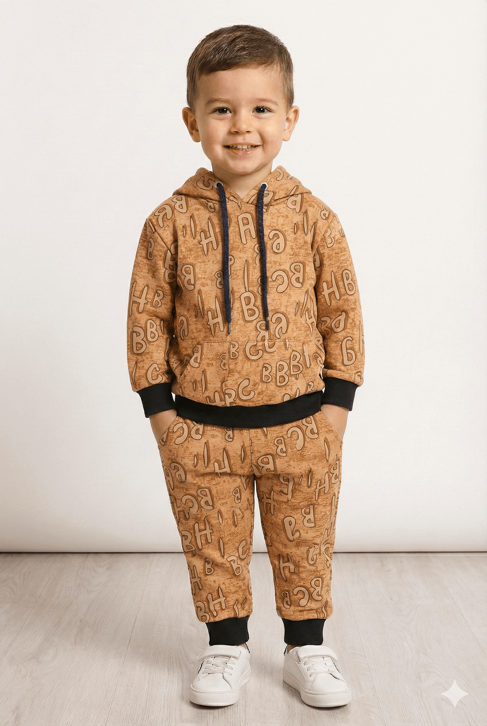 Beige Letter Print | Hoodie Winter Fleece TrackSuit