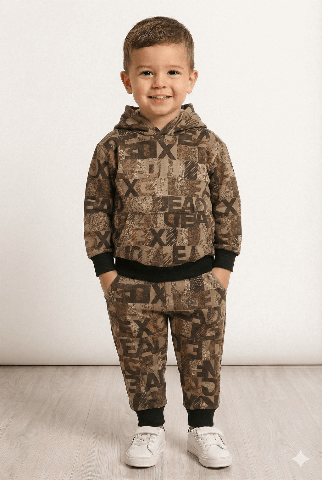 Brown Alphabets Print Hoodie Warm Winter Fleece TrackSuit
