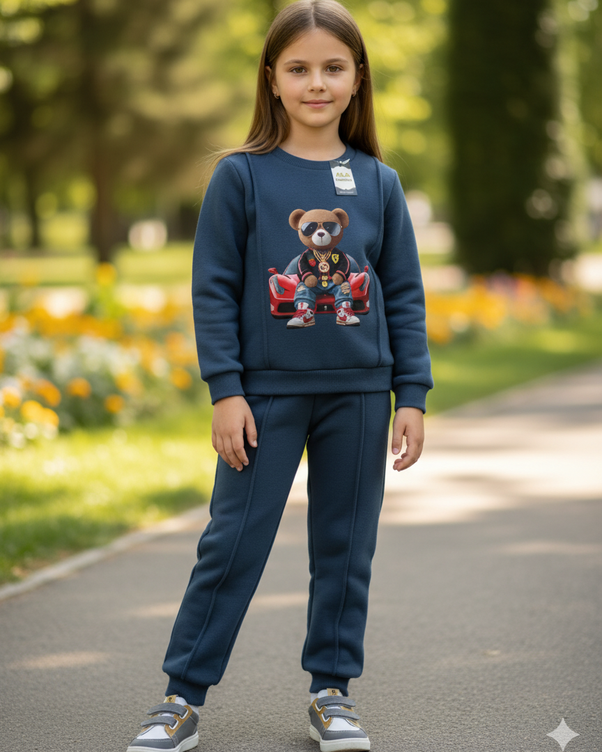 With Mix Print Sweatshirt & Trouser Set | Kids Fleece Winter Outfit For Girls (1-10 Years)Car With Bear