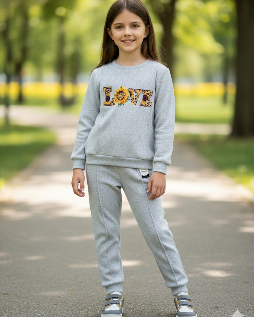 With Mix Print Sweatshirt & Trouser Set | Kids Fleece Winter Outfit For Girls (1-10 Years)Flower Love