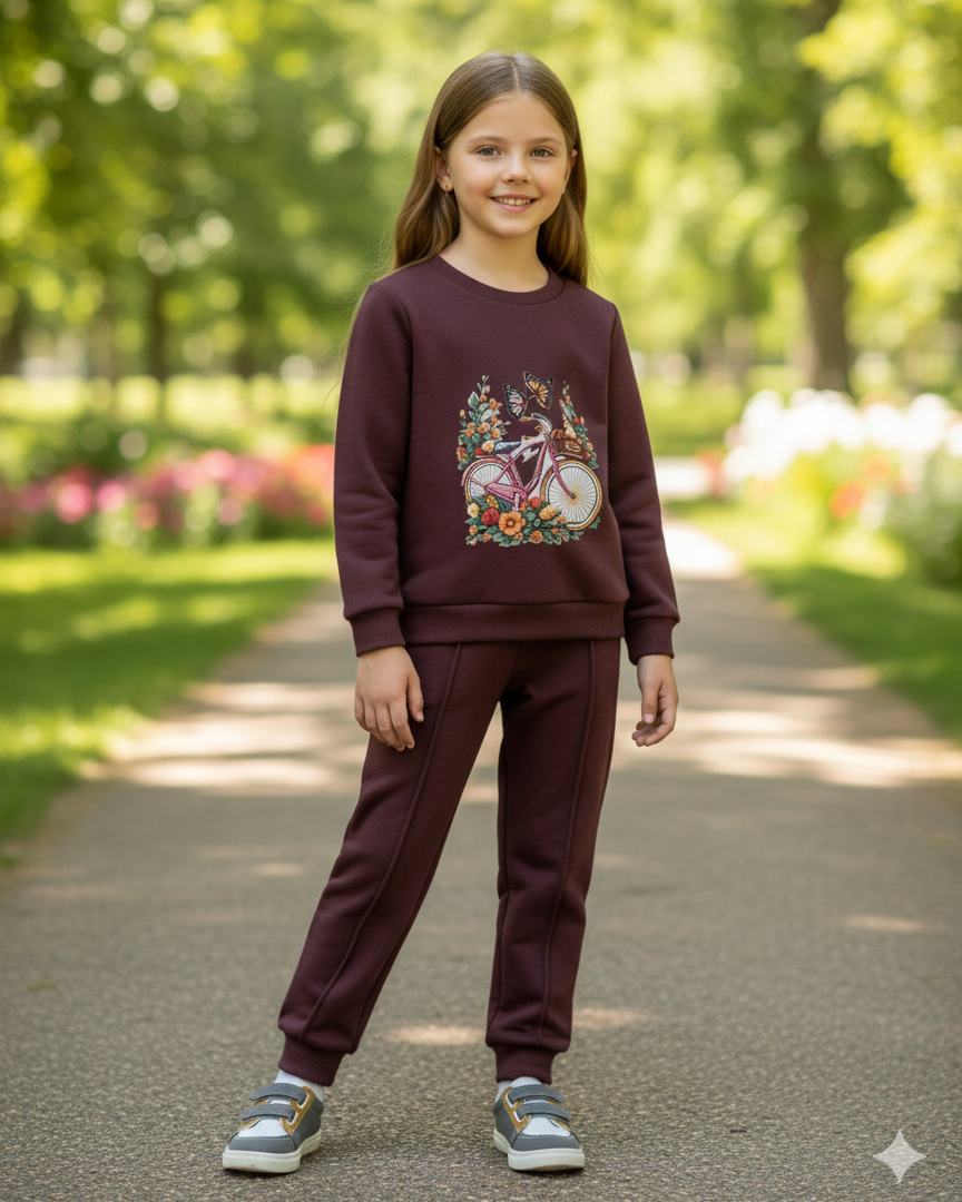 With Mix Print Sweatshirt & Trouser Set | Kids Fleece Winter Outfit For Girls (1-10 Years)Floral Bicycle Print