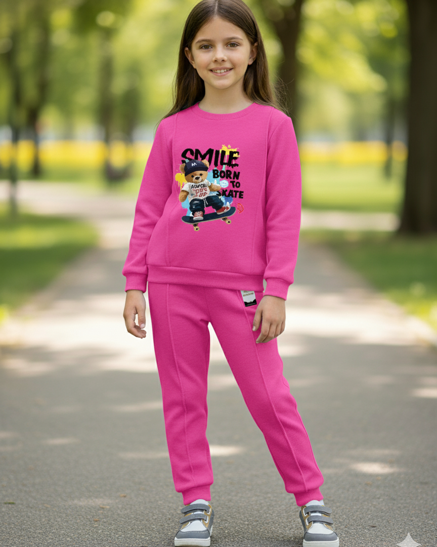 With Mix Print Sweatshirt & Trouser Set | Kids Fleece Winter Outfit For Girls (1-10 Years)Smile In the born