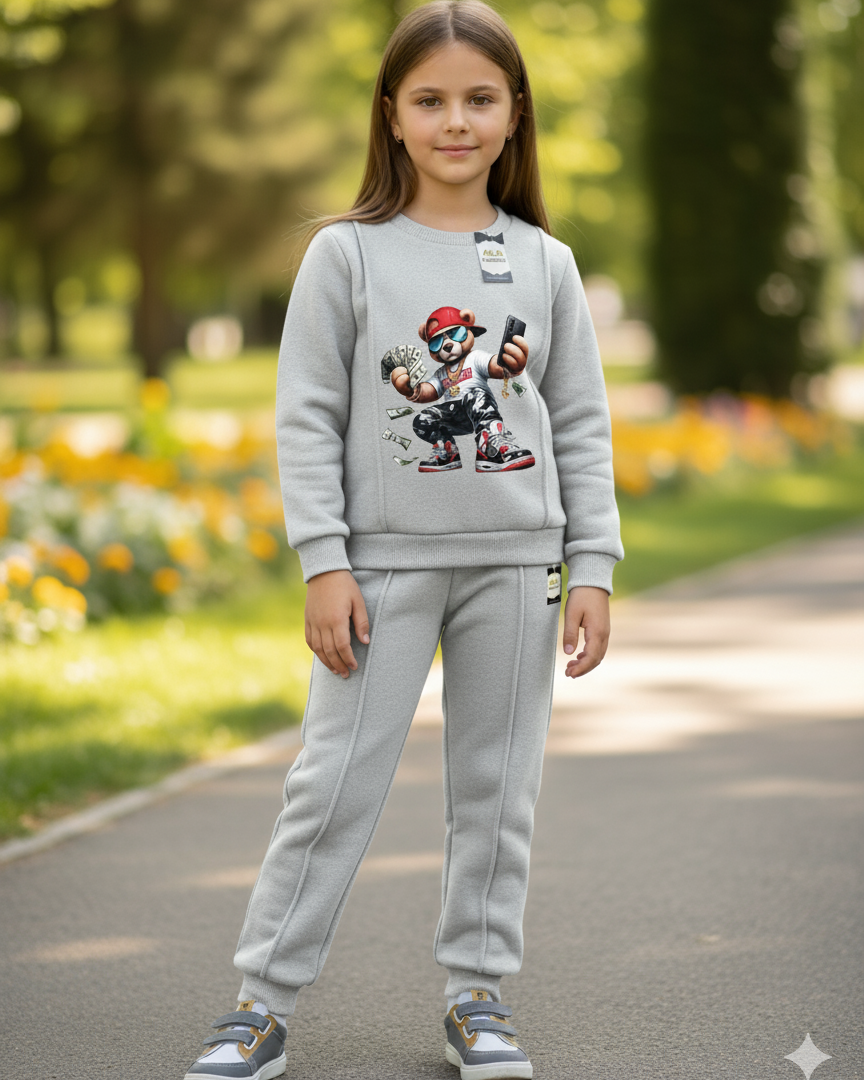 With Mix Print Sweatshirt & Trouser Set | Kids Fleece Winter Outfit For Girls (1-10 Years)Money Bear