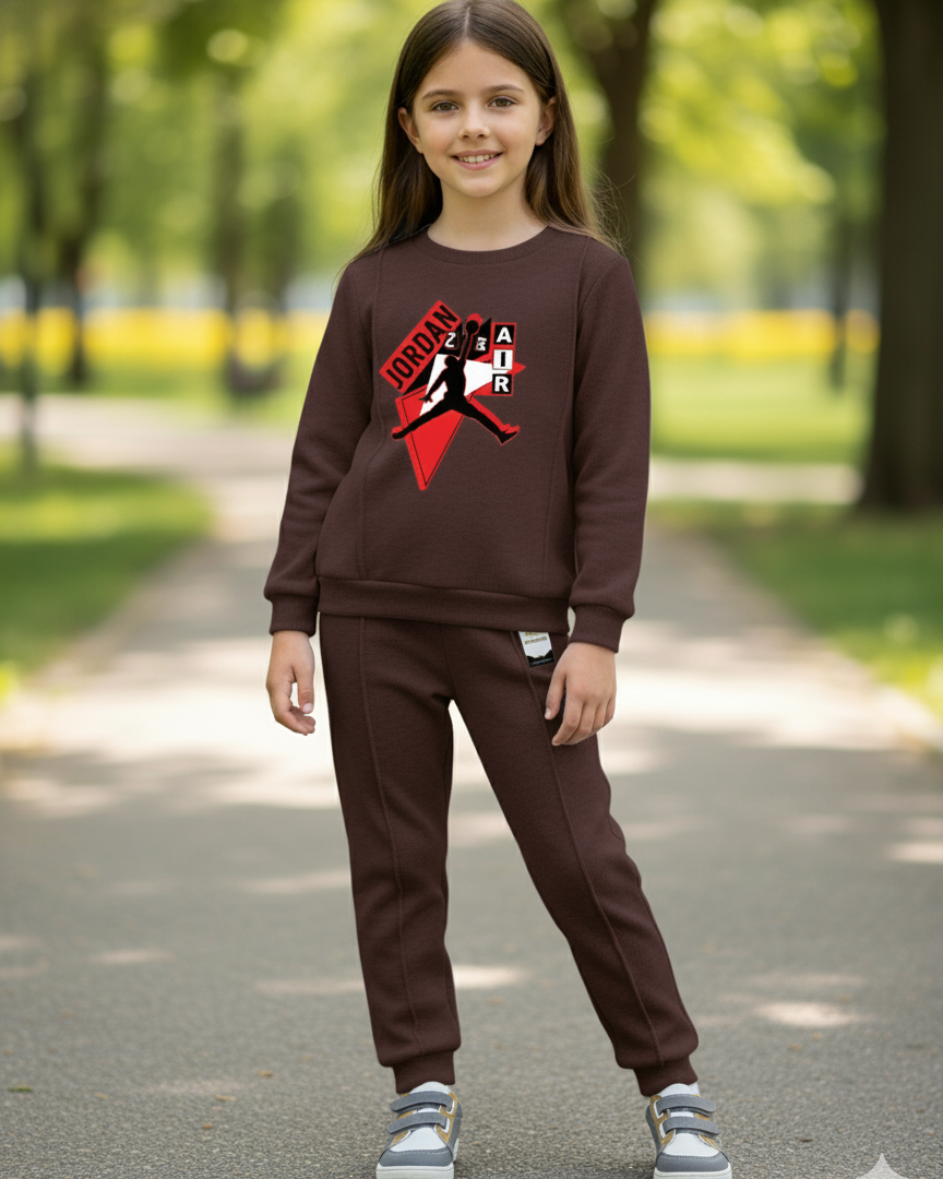 With Mix Print Sweatshirt & Trouser Set | Kids Fleece Winter Outfit For Girls (1-10 Years)Jor-den