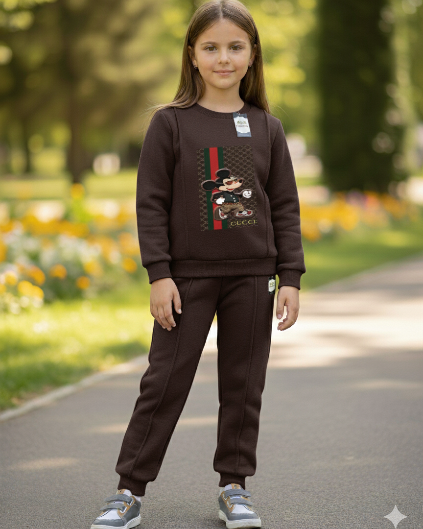 With Mix Print Sweatshirt & Trouser Set | Kids Fleece Winter Outfit For Girls (1-10 Years)Mickey Guc-ci