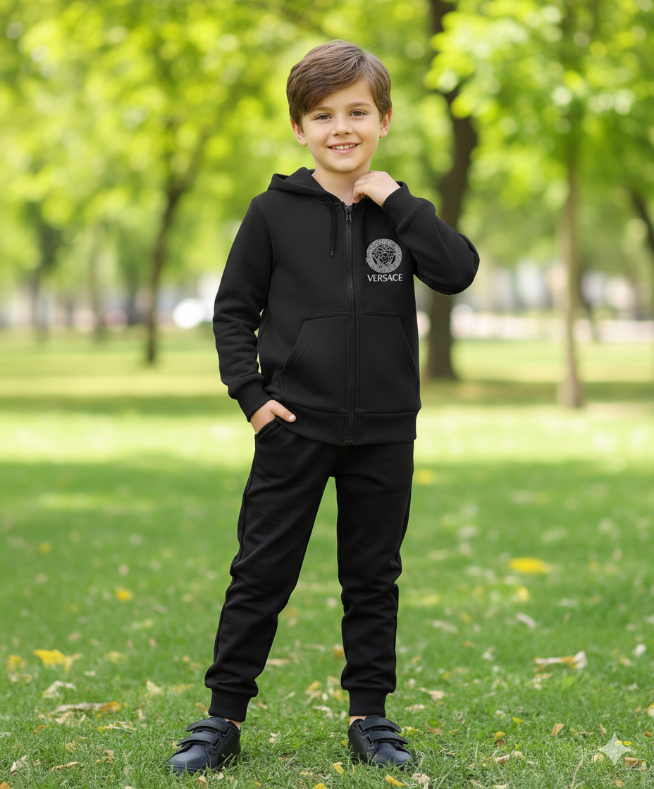 Kids Fleece Ver-sace Zipper Hoodie & Trouser Set (1–10 Years)
