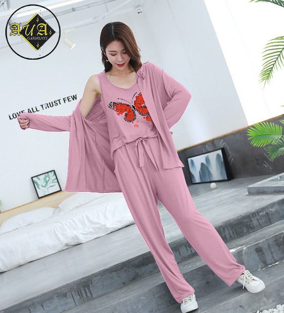 3 Piece Lounge wear Nightwear Sleepwear For Women Mini Butterflies Print