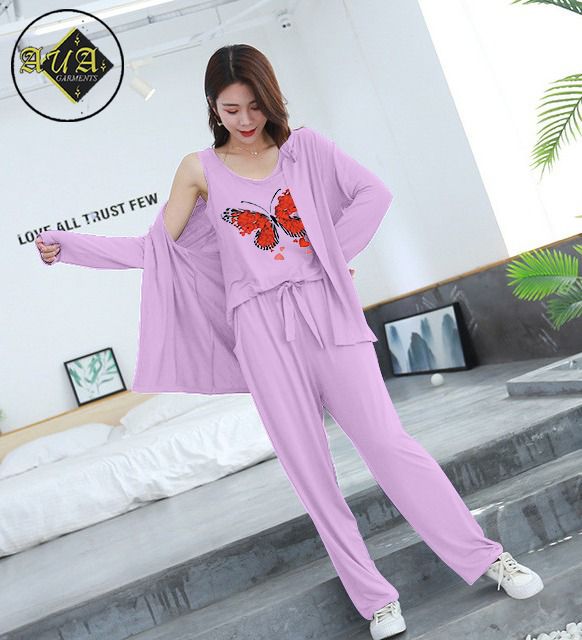 3 Piece Lounge wear Nightwear Sleepwear For Women Mini Butterflies Print