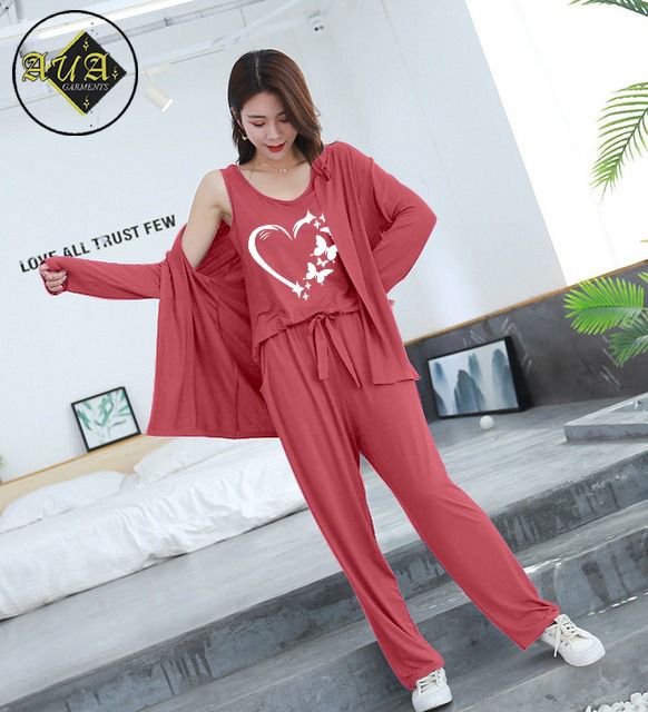 3 Piece Lounge wear Nightwear Sleepwear For Women Women Heart print