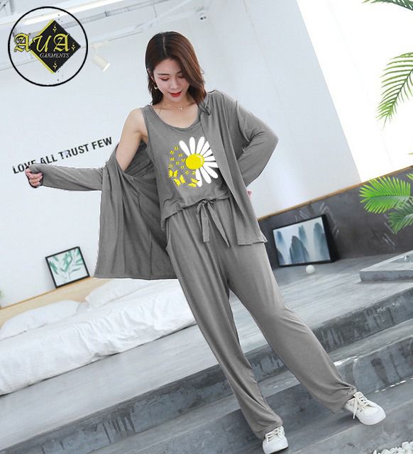 3 Piece Lounge wear Nightwear Sleepwear For Women Sunflower Print