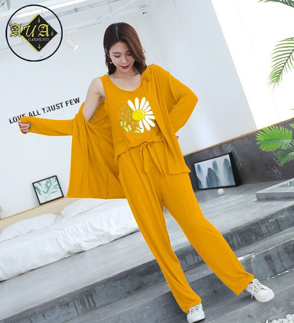 3 Piece Lounge wear Nightwear Sleepwear For Women Sunflower Print