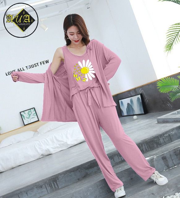 3 Piece Lounge wear Nightwear Sleepwear For Women Sunflower Print
