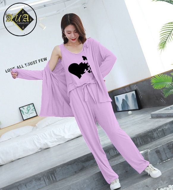 3 Piece Lounge wear Nightwear Sleepwear For Women Heart Butterflies Print