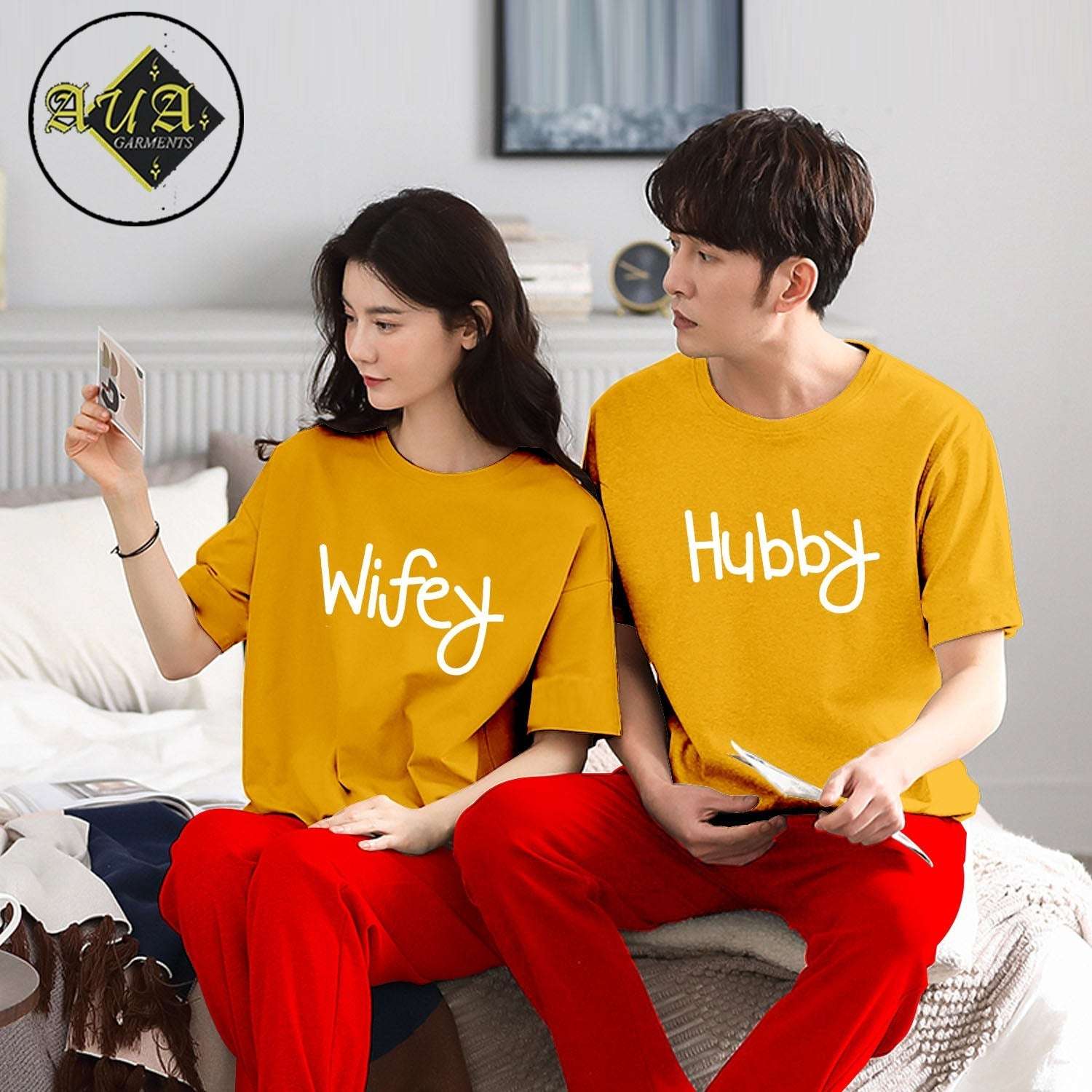 Wifey & Hubby Printed Couple Night Suit for Men and Women Pack of 2 (7 colours)