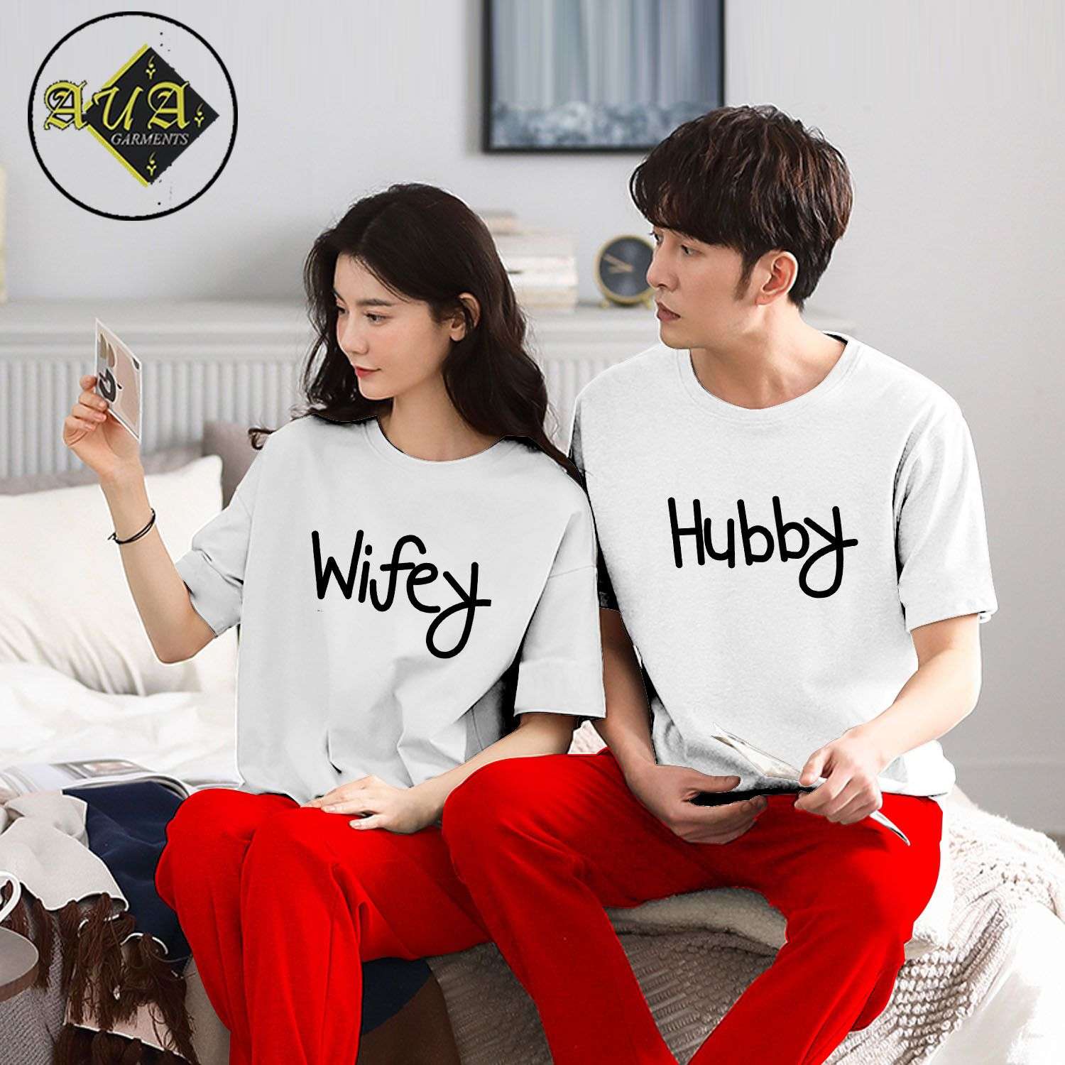 Wifey & Hubby Printed Couple Night Suit for Men and Women Pack of 2 (7 colours)