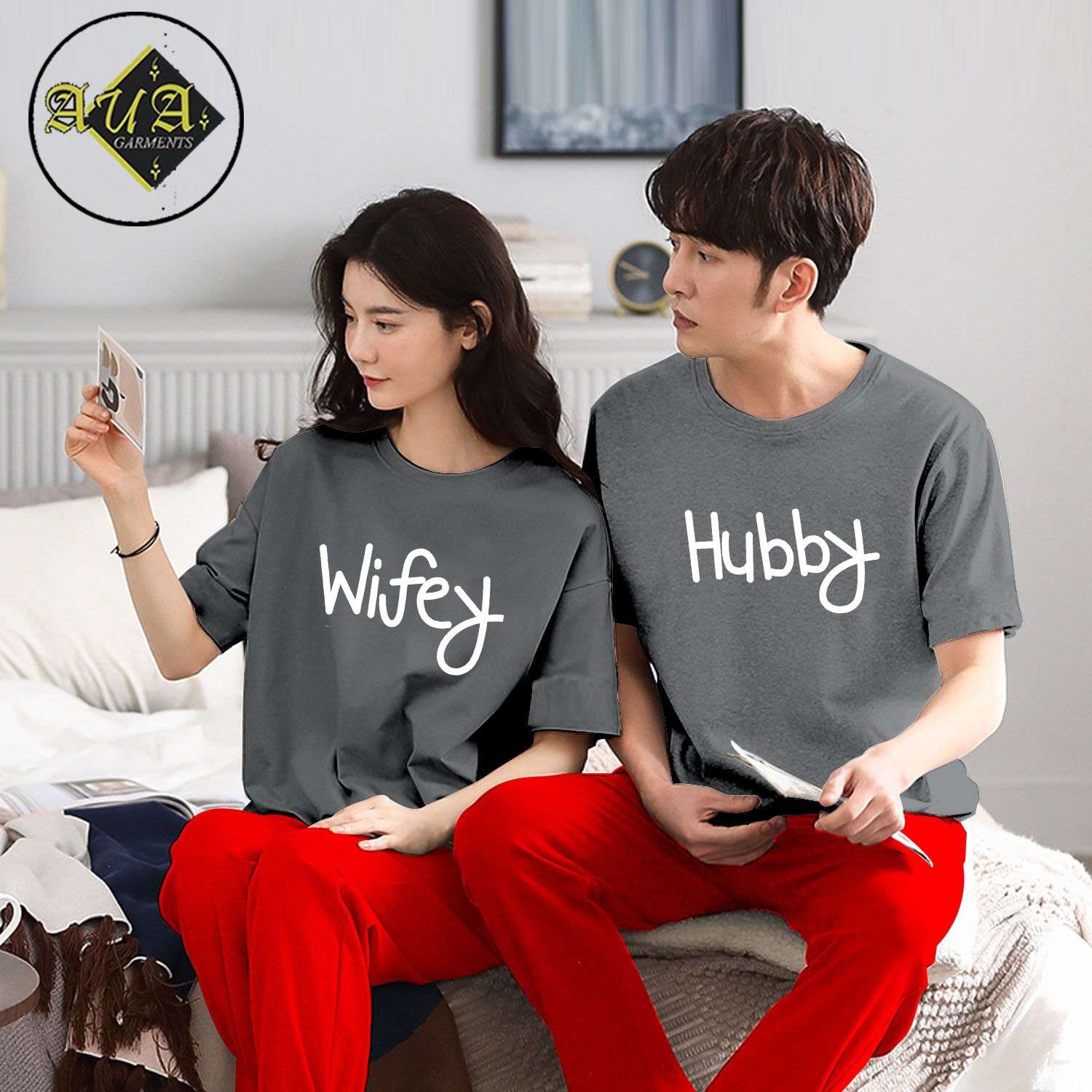 Wifey & Hubby Printed Couple Night Suit for Men and Women Pack of 2 (7 colours)