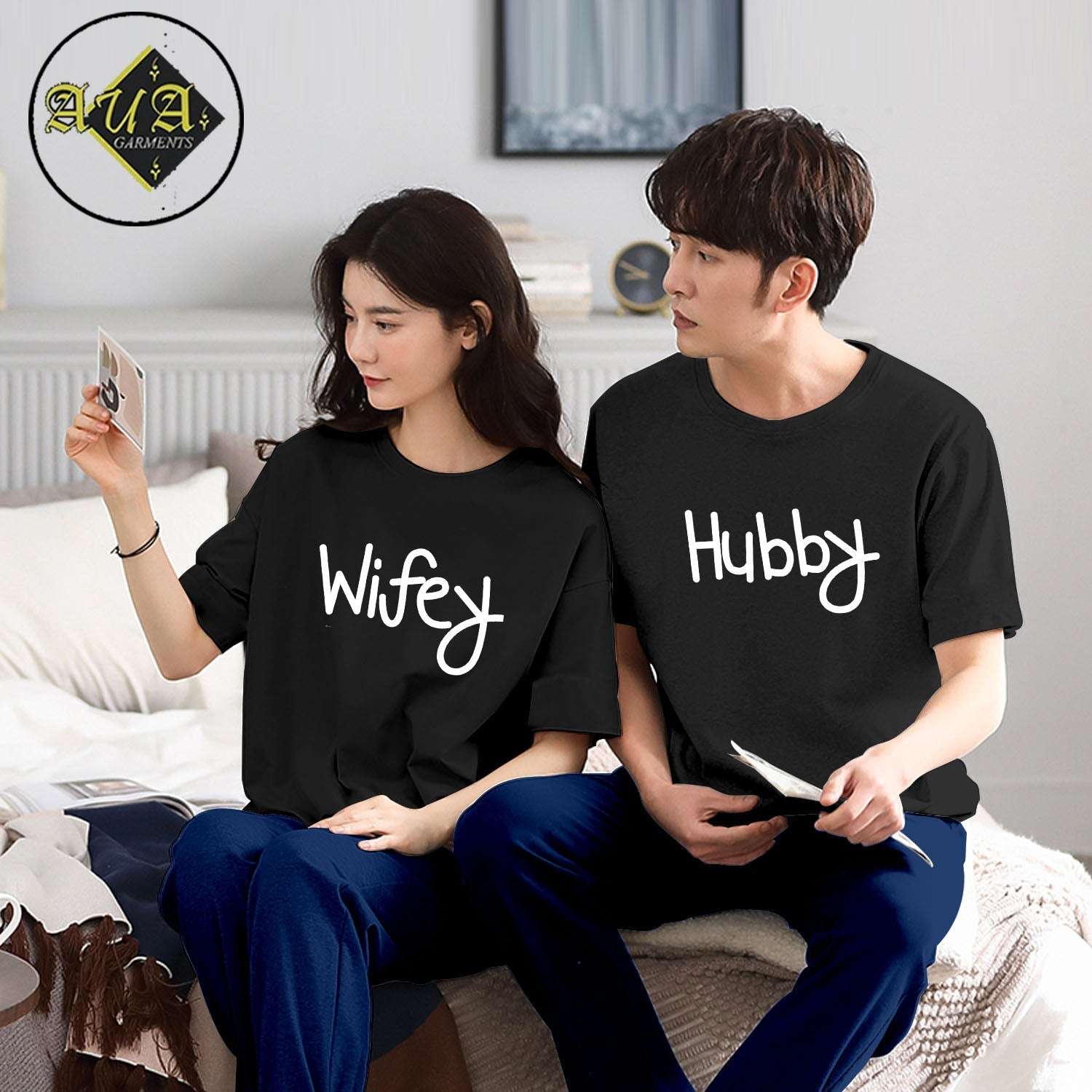 Wifey & Hubby Printed Couple Night Suit for Men and Women Pack of 2 (7 colours)
