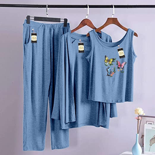 3 Piece Lounge wear Nightwear Sleepwear For Women Mini Butterflies Print