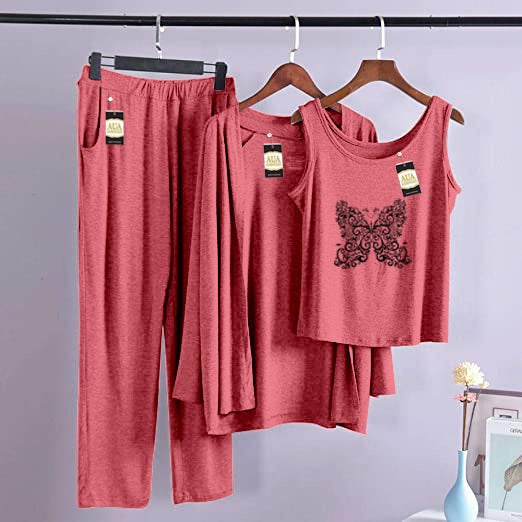 3 Piece Lounge wear Nightwear Sleepwear For Women Butterfly Print