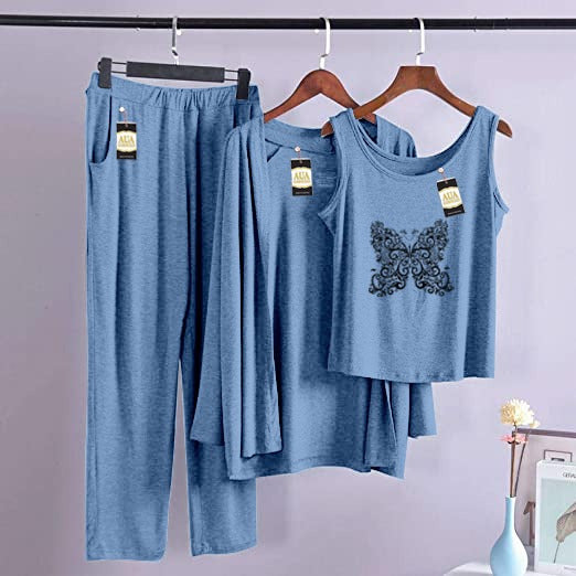 3 Piece Lounge wear Nightwear Sleepwear For Women Butterfly Print
