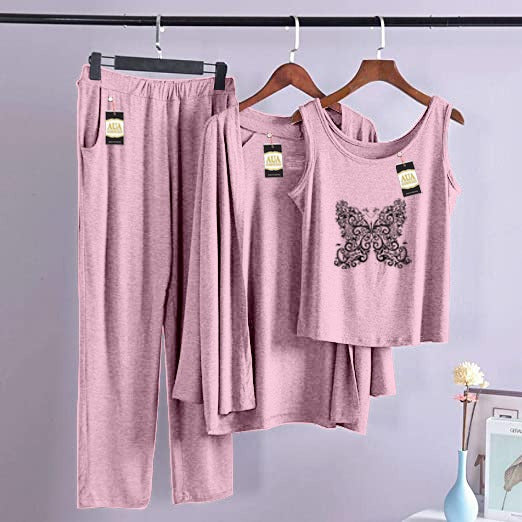 3 Piece Lounge wear Nightwear Sleepwear For Women Butterfly Print