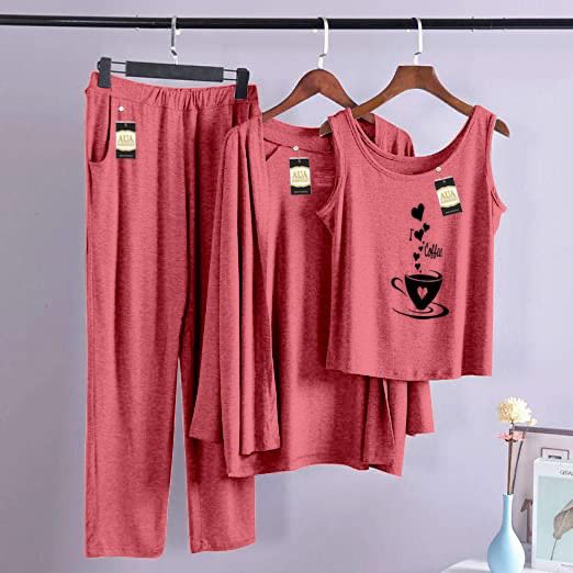 3 Piece Lounge wear Nightwear Sleepwear For Women Heart Cup Print