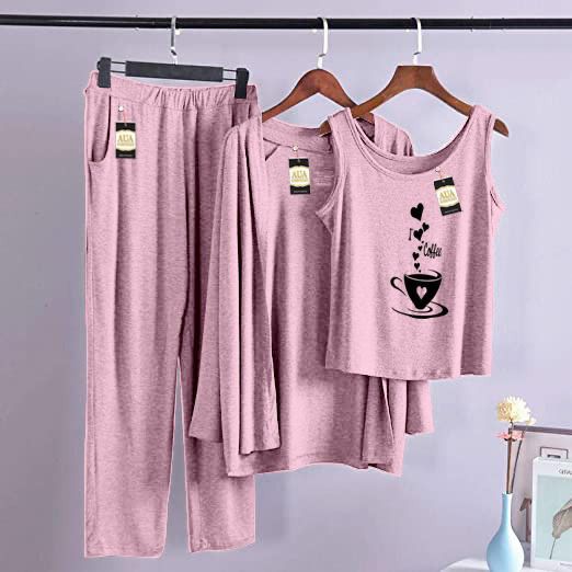 3 Piece Lounge wear Nightwear Sleepwear For Women Heart Cup Print