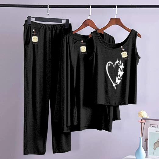 3 Piece Lounge wear Nightwear Sleepwear For Women Women Heart Print