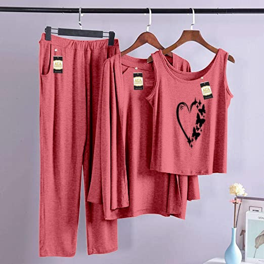 3 Piece Lounge wear Nightwear Sleepwear For Women Women Heart Print