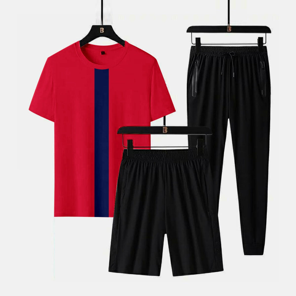 3 piece cross panel tracksuit for men (Panel t shirt + trouser + short)