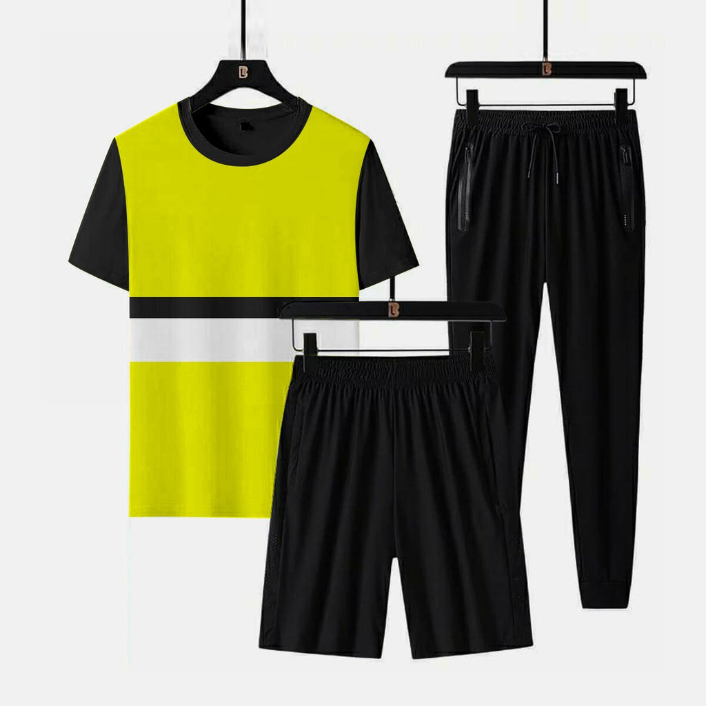 3 piece cross panel tracksuit for men (Panel t shirt + trouser + short)