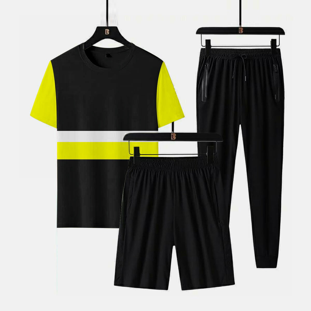 3 piece cross panel tracksuit for men (Panel t shirt + trouser + short)
