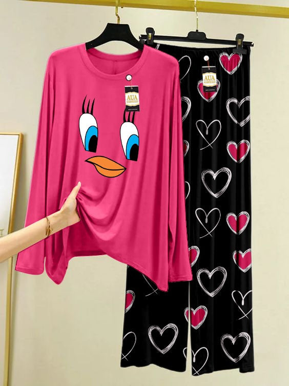 Duffy Duck Printed Pink Color Heart Printed Trouser Lounge wear Nightwear Sleepwear With Heart Prinred Trouser For Women By Auagarments (004)