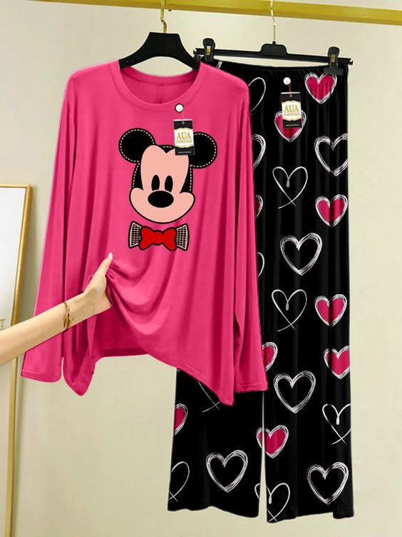 Mickey Printed Pink Color Heart Printed Trouser Lounge wear Nightwear Sleepwear With Heart Prinred Trouser For Women By Auagarments (004)