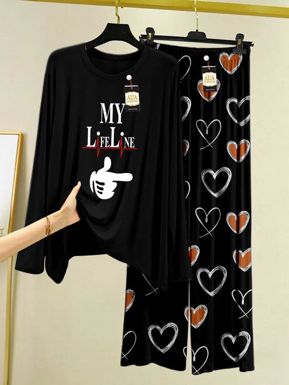 My Life Line Printed Black Color Heart Printed Trouser Lounge wear Nightwear Sleepwear With Heart Prinred Trouser For Women By Auagarments (004)
