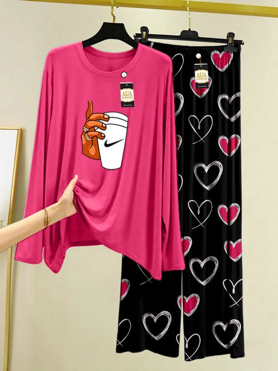 Cup Printed Pink Color Heart Printed Trouser Lounge wear Nightwear Sleepwear With Heart Prinred Trouser For Women By Auagarments(004)