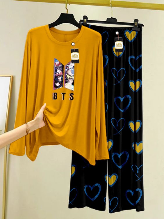BTS Printed Mustard Color Lounge wear Nightwear Sleepwear With Heart Prinred Trouser For Women By Auagarments (004)