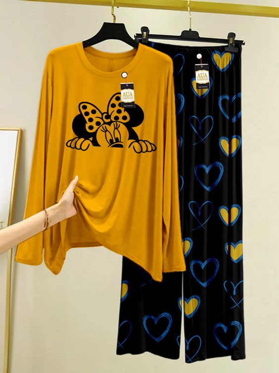 Mickey Printed Mustard Color Heart Printed Trouser Lounge wear Nightwear Sleepwear With Heart Prinred Trouser For Women By Auagarments (004)