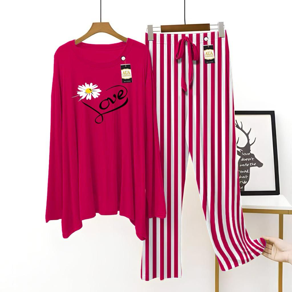 Dark Pink  Color Women Love Lining Trouser Printed Night Suit with Luxurious Lining Pajamas - Stylish Sleepwear Set For Women By Aua garments (002)