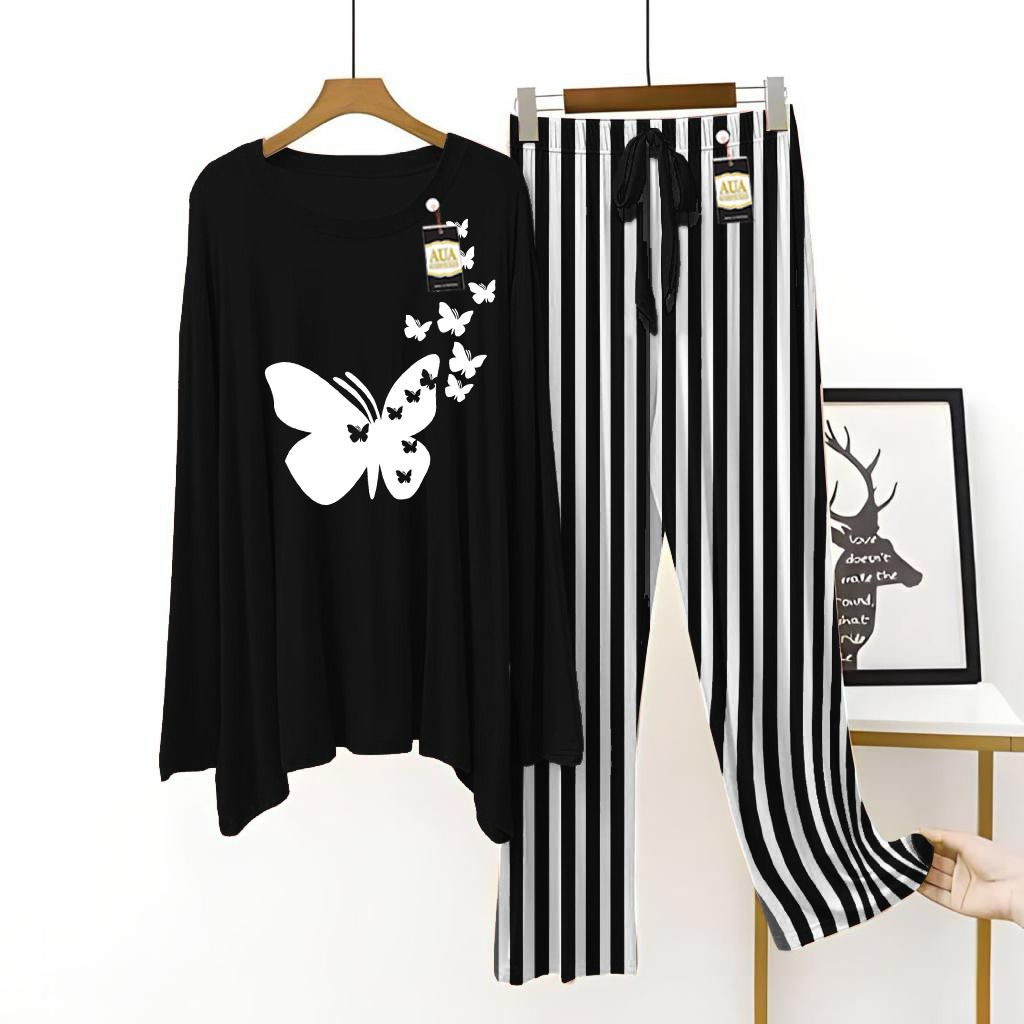 Black Color Women Butterfly Printed Night Suit with Luxurious Lining Pajamas - Stylish Sleepwear Set For Women By Aua garments (002)