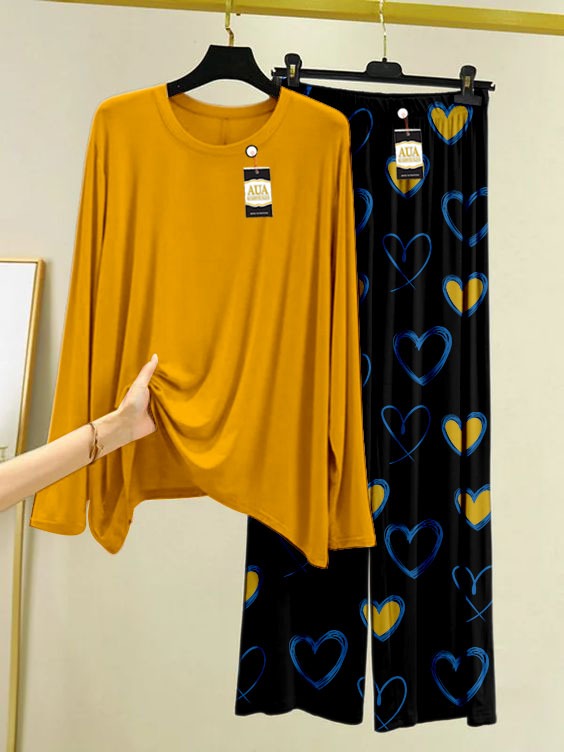 Plain Mustard Color Heart Printed Trouser Lounge wear Nightwear Sleepwear With Heart Prinred Trouser For Women By Auagarments (004)