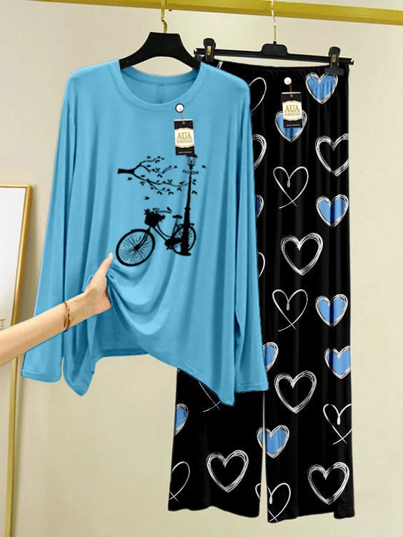 Blue Color Women Cycle Heart Printed Trouser Night Suit with Luxurious Heart Printed Pajamas - Stylish Sleepwear Set For Women By Aua Garments(004)