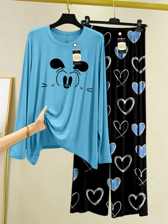 Blue Color Women Mickey Heart Printed Trouser Night Suit with Luxurious Heart Printed Pajamas - Stylish Sleepwear Set For Women By Aua Garments(004)