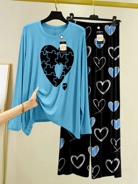 Blue Color Women Heart Puzzle Heart Printed Trouser Night Suit with Luxurious Heart Printed Pajamas - Stylish Sleepwear Set For Women By Aua Garments (004)