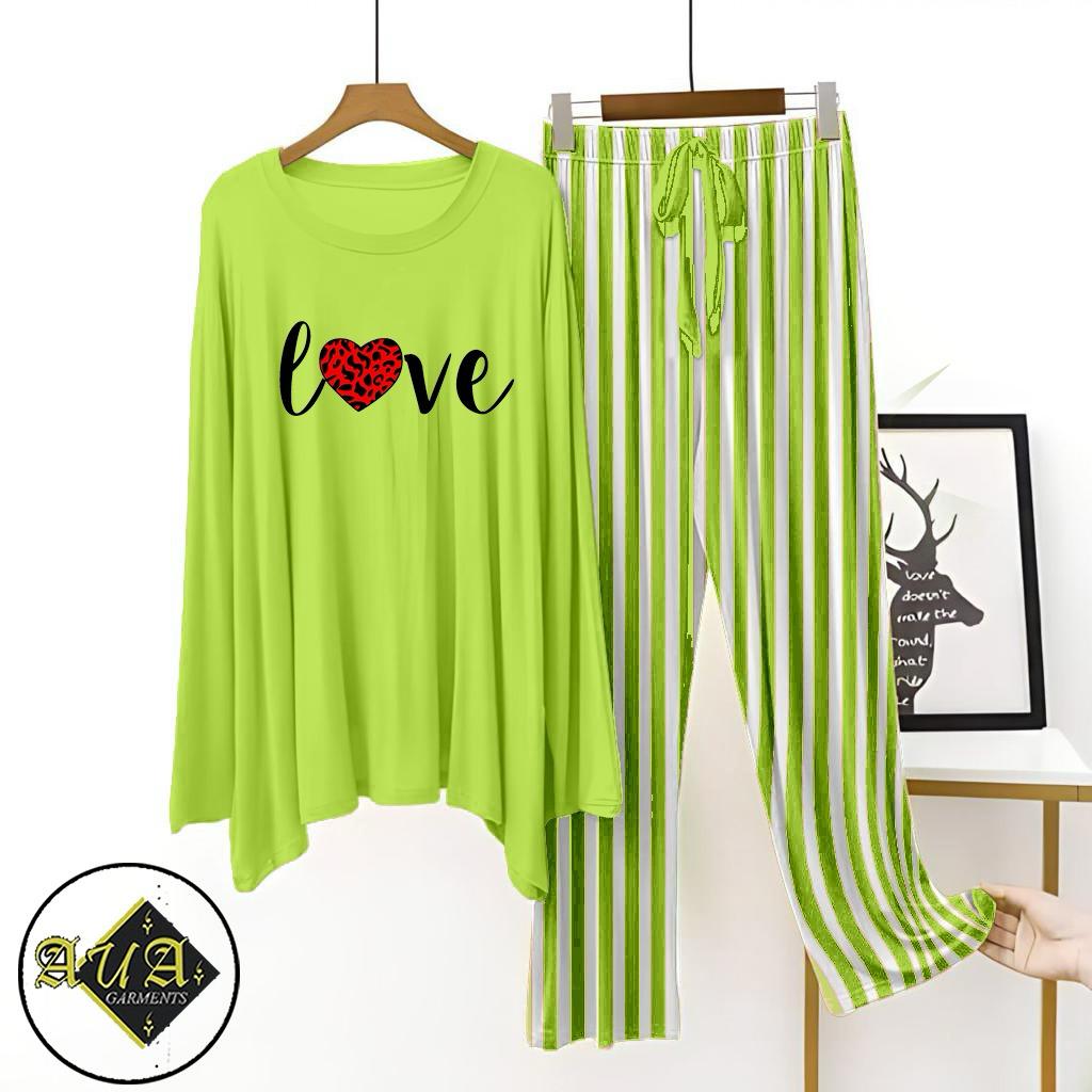 Parrot Green Lining Trouser Printed Night Suit with Luxurious Lining Pajamas Stylish Sleepwear Set for a Cozy Night's Rest (10 Articles) (002)