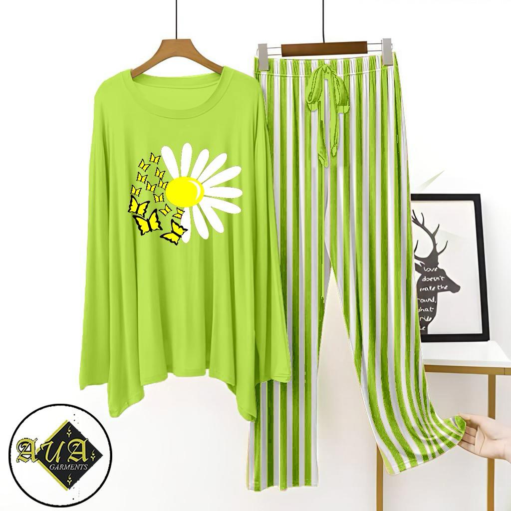 Parrot Green Lining Trouser Printed Night Suit with Luxurious Lining Pajamas Stylish Sleepwear Set for a Cozy Night's Rest (10 Articles) (002)