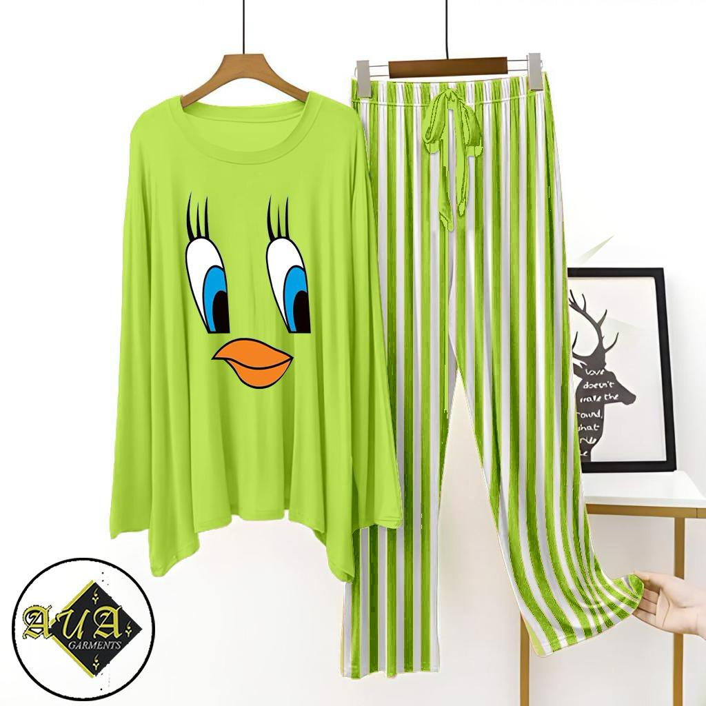 Parrot Green Lining Trouser Printed Night Suit with Luxurious Lining Pajamas Stylish Sleepwear Set for a Cozy Night's Rest (10 Articles) (002)