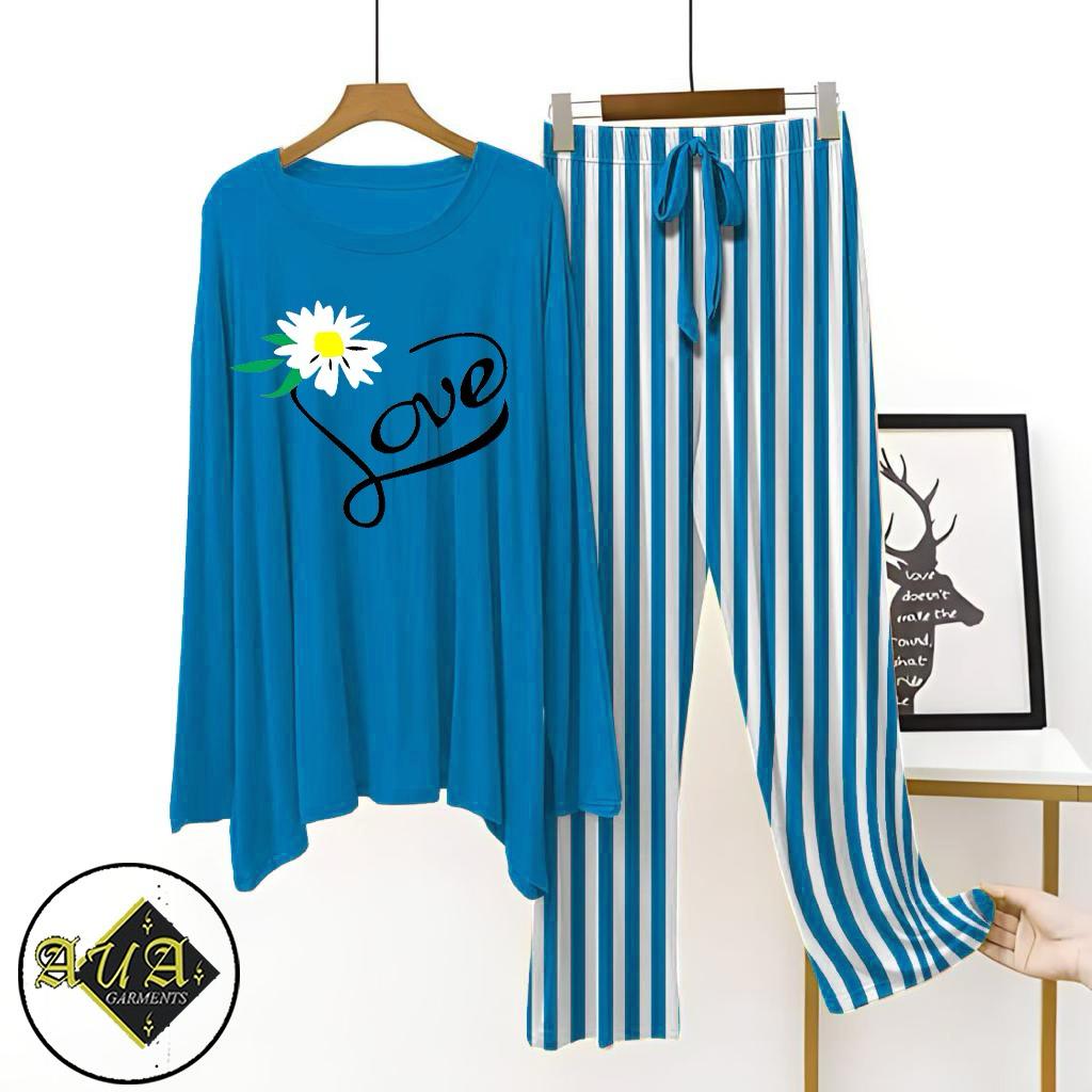 Aqua Blue Lining Trouser Printed Night Suit with Luxurious Lining Pajamas Stylish Sleepwear Set for a Cozy Night's Rest (15 Articles)(002)