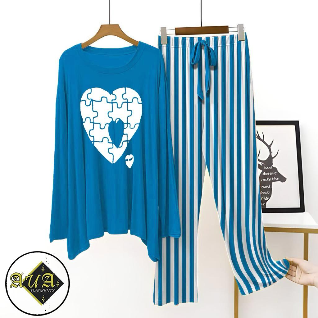 Aqua Blue Lining Trouser Printed Night Suit with Luxurious Lining Pajamas Stylish Sleepwear Set for a Cozy Night's Rest (15 Articles)(002)